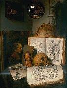 simon luttichuys Vanitas still life with skull, books, prints and paintings